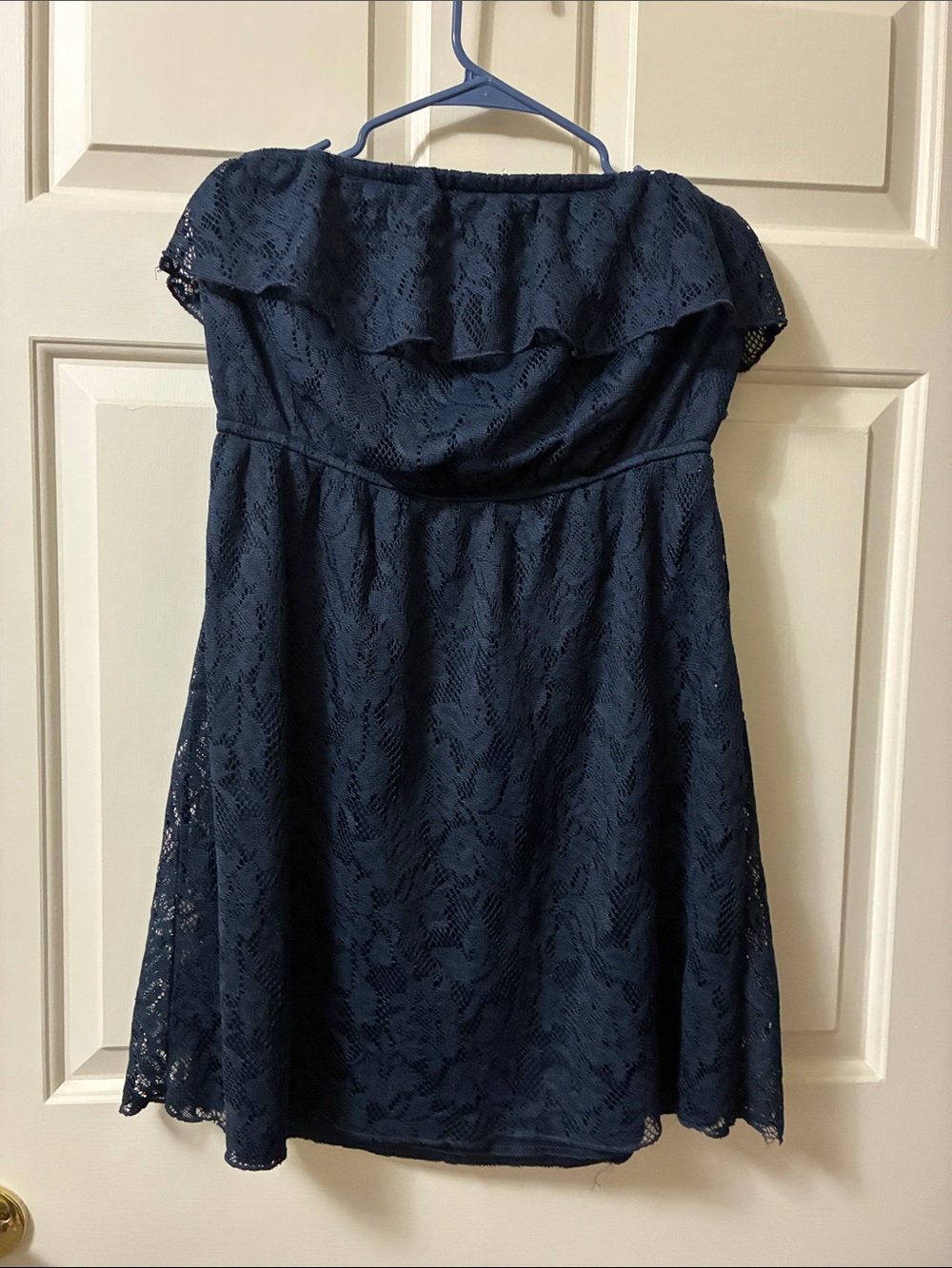 Maurices Navy Lace Strapless Ruffle Dress
